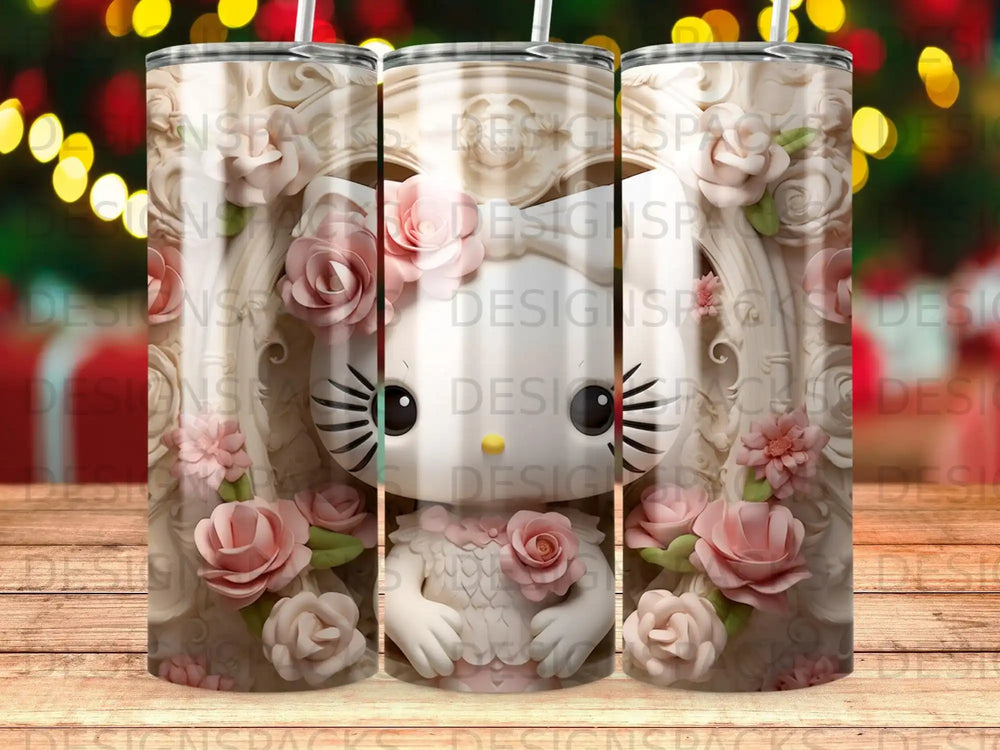 Hello Kitty surrounded by pink roses and decorative elements on a tumbler.