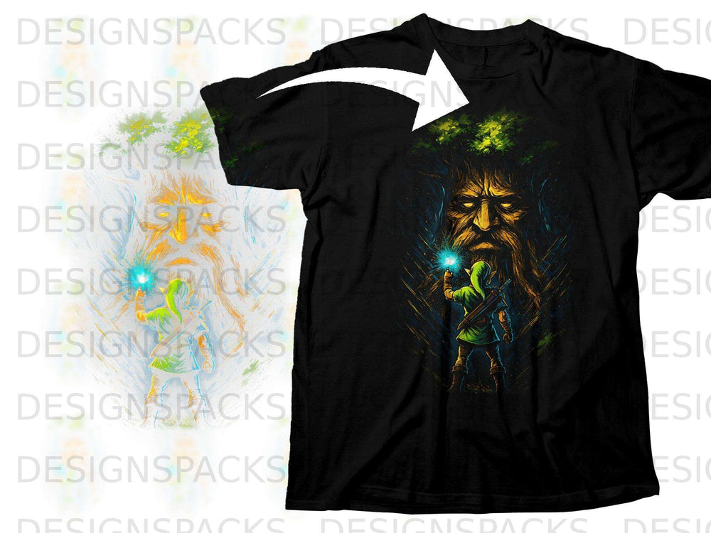 Link from The Legend of Zelda holds a glowing orb in a dark forest with an ancient tree face.
