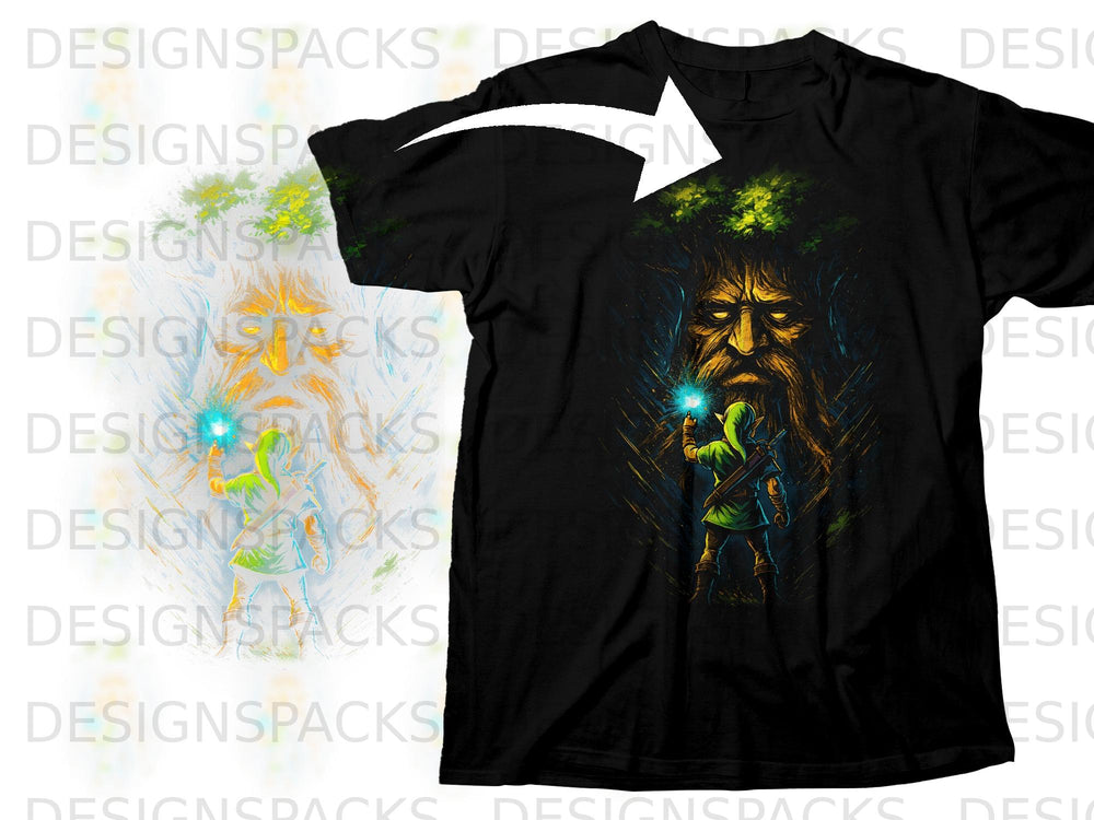 Link from The Legend of Zelda holds a glowing orb in a dark forest with an ancient tree face.