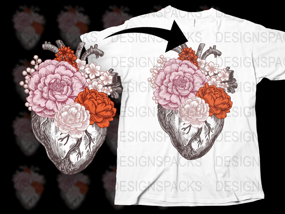 Floral Skull T-Shirt, Vintage Botanical Heart and Flowers Graphic Tee, Unique Bohemian Style Clothing, Unisex Fashion Top