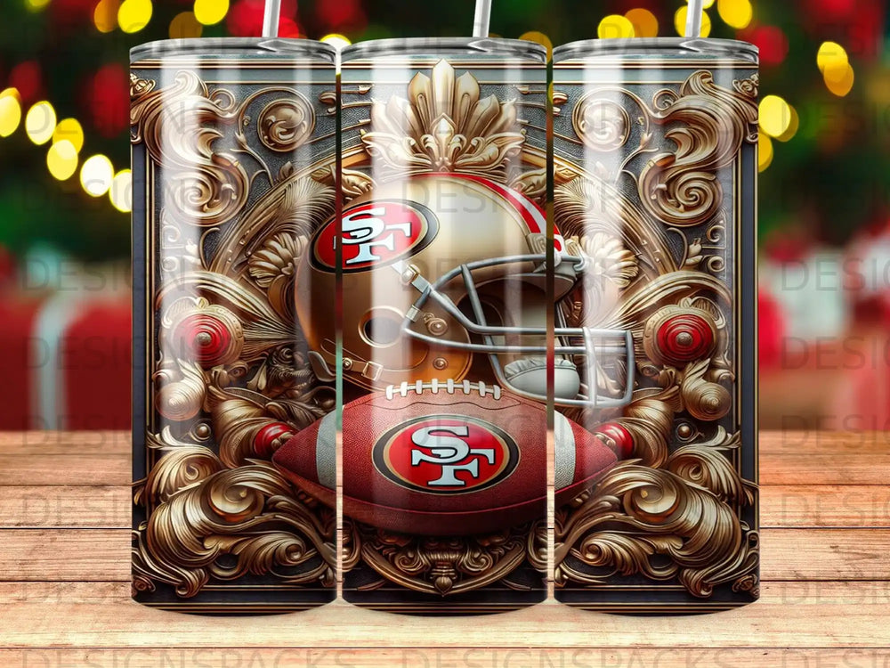 Football helmet and ball with San Francisco 49ers logo on ornate gold background.
