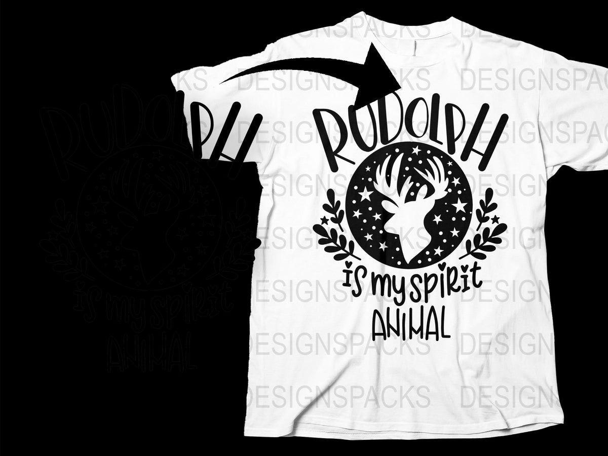 White Graphic T-Shirt with 'Rudolph is My Spirit Animal' Christmas Holiday Tee, Reindeer Design, Unisex Casual Wear