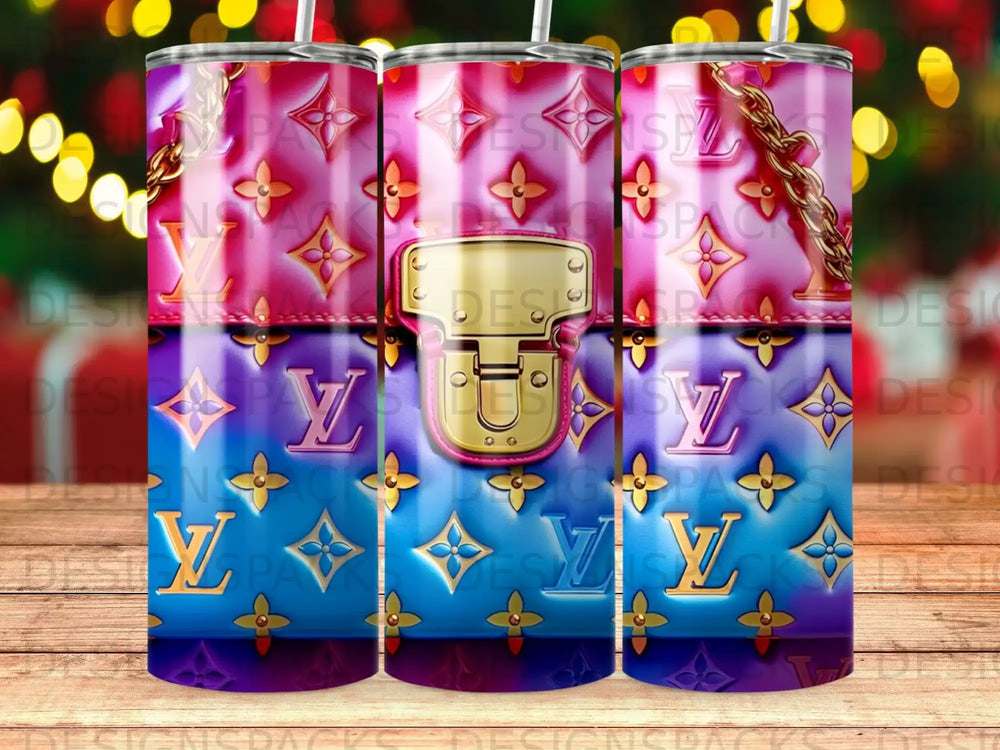 Collage of three cylindrical tumblers featuring a stylized Louis Vuitton pattern in pink and blue.