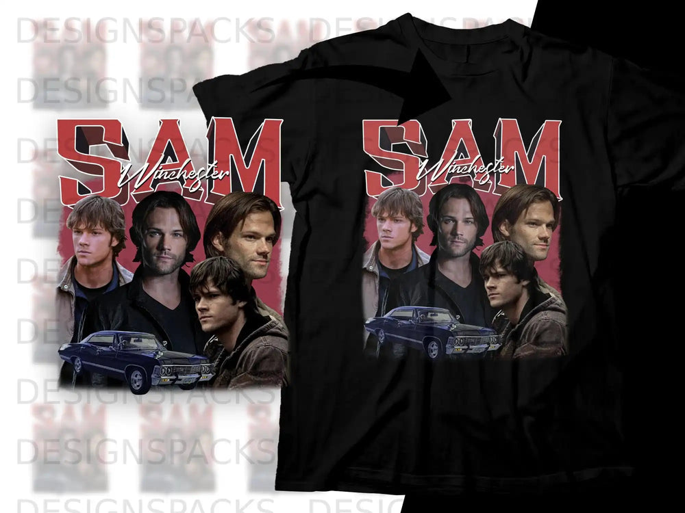 Collage of Supernatural characters Sam and Dean Winchester with a blue car.