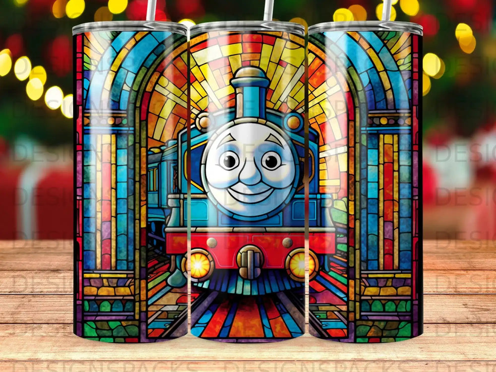 Cartoon train with stained glass window background.