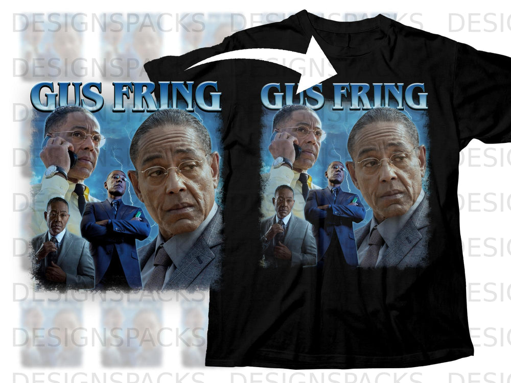 Gus Fring collage with lightning background on a black t-shirt.
