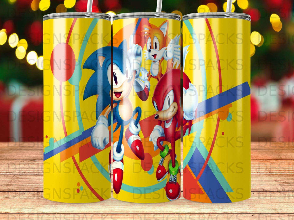 Sonic, Tails, and Knuckles from Sonic the Hedgehog on a yellow tumbler.
