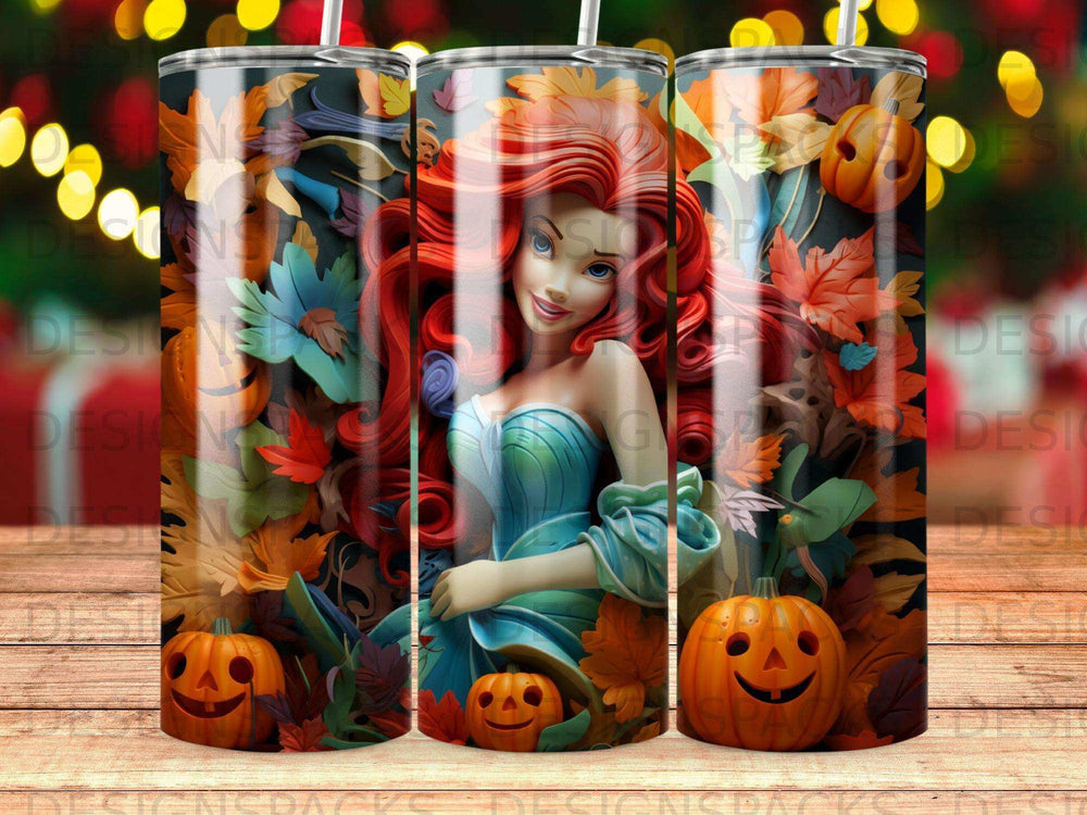 Ariel from The Little Mermaid surrounded by pumpkins and autumn leaves.