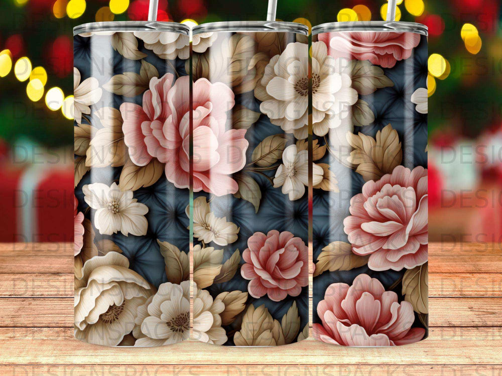 Floral pattern on a dark background with pink and cream roses and leaves.