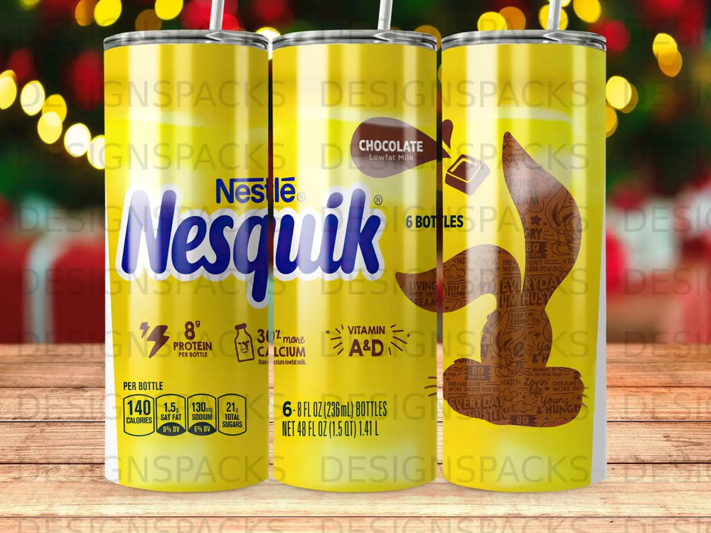 Nesquik chocolate lowfat milk 6-pack of bottles with nutritional information.