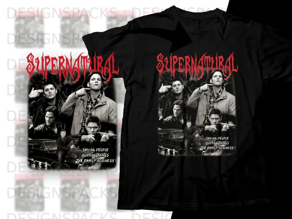 Supernatural t-shirt featuring cast montage and "Saving People, Hunting Things" text.
