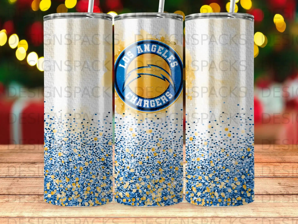 Los Angeles Chargers tumbler with blue and gold glitter.