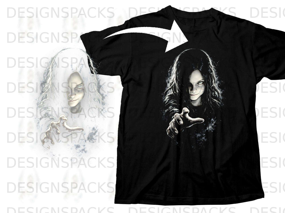 Black t-shirt with a dark illustration of a girl with white hair reaching out.