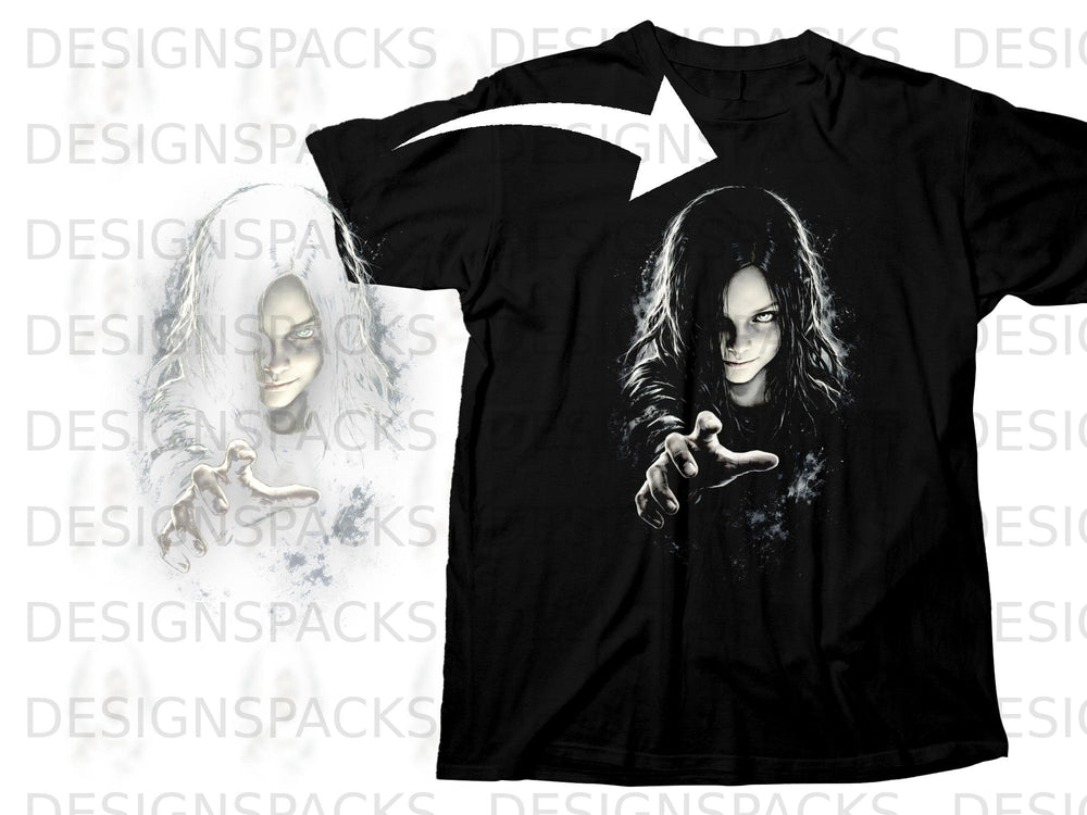 Black t-shirt with a dark illustration of a girl with white hair reaching out.
