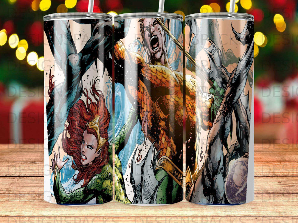 Aquaman and Mera fighting a sea monster in a comic book style.