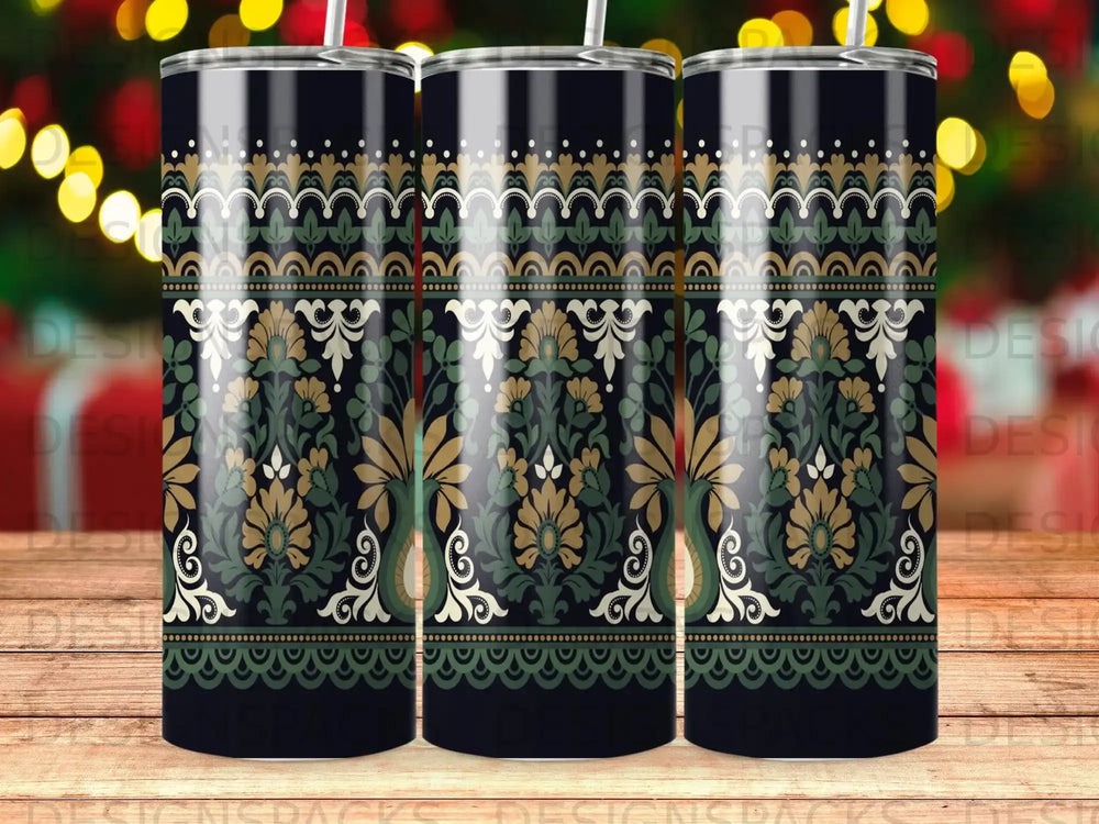 Black tumbler with intricate gold and green floral pattern and border.