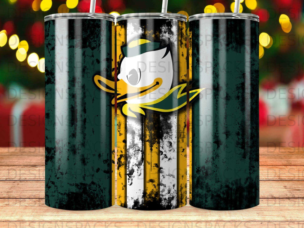Oregon Ducks logo with distressed green, white, and gold stripes on a tumbler.