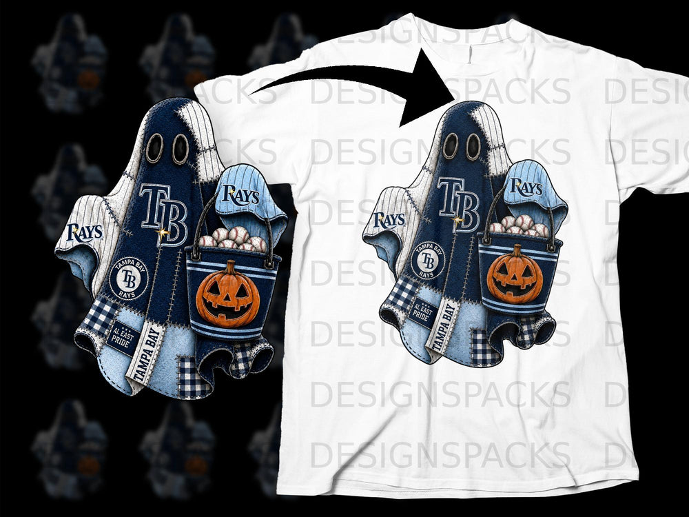 Tampa Bay Rays ghost with pumpkin and baseballs on a white t-shirt.