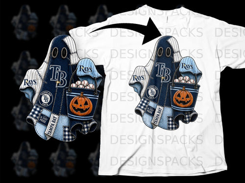 Tampa Bay Rays ghost with pumpkin and baseballs on a white t-shirt.