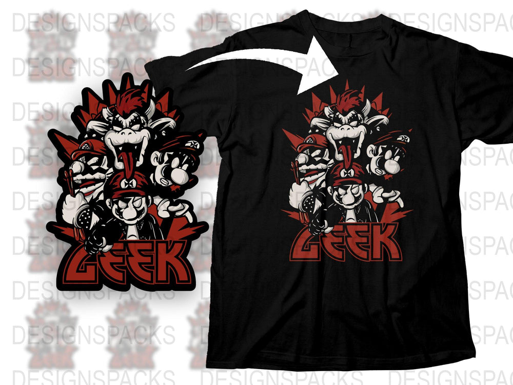 Geek Graphic T-Shirt, Cool Red and White Cartoon Characters, Casual Streetwear Style Tee, Unisex Fashion Top