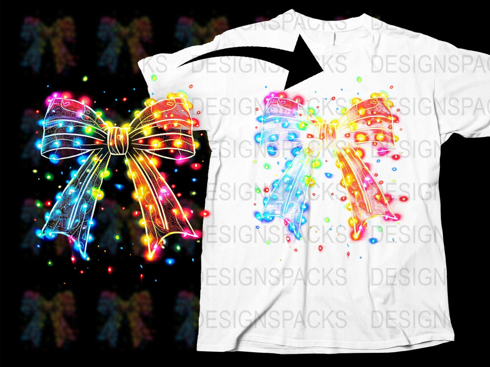 Colorful LED Light Bow T-Shirt, Glowing Neon Bow Design, Unisex Party Wear, Festive Apparel