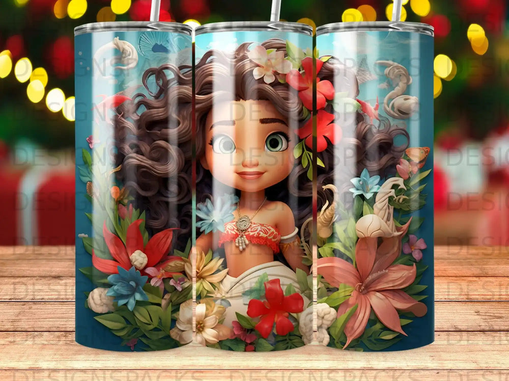 Disney's Moana character surrounded by tropical flowers and plants.