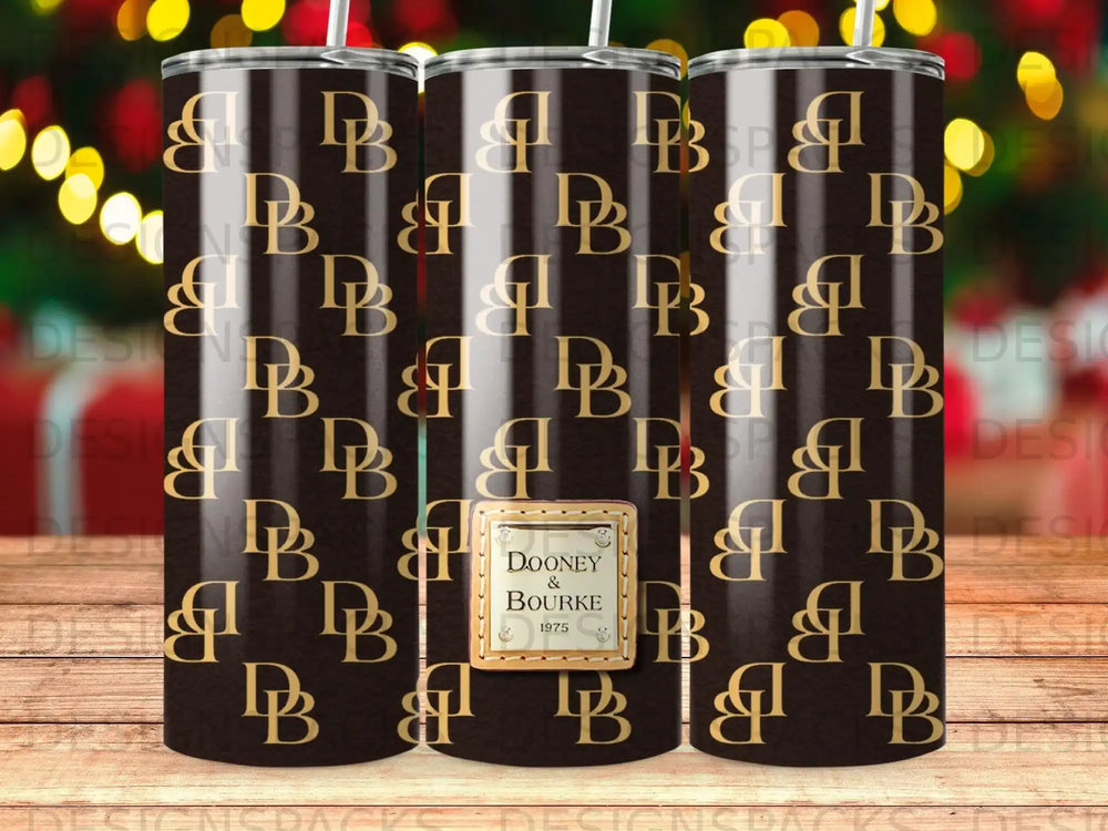 Dooney & Bourke 1975 logo pattern on a tall tumbler.
