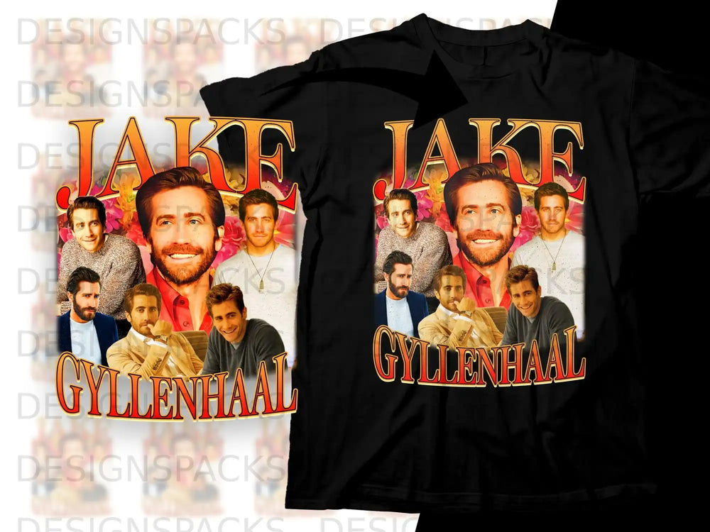 Jake Gyllenhaal collage graphic on black t-shirt.