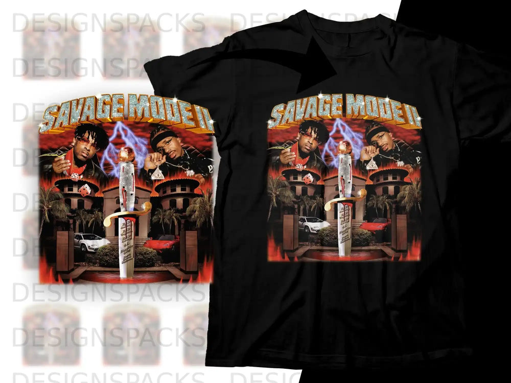 Black t-shirt with "Savage Mode II" graphic featuring 21 Savage, a sword, and cars.