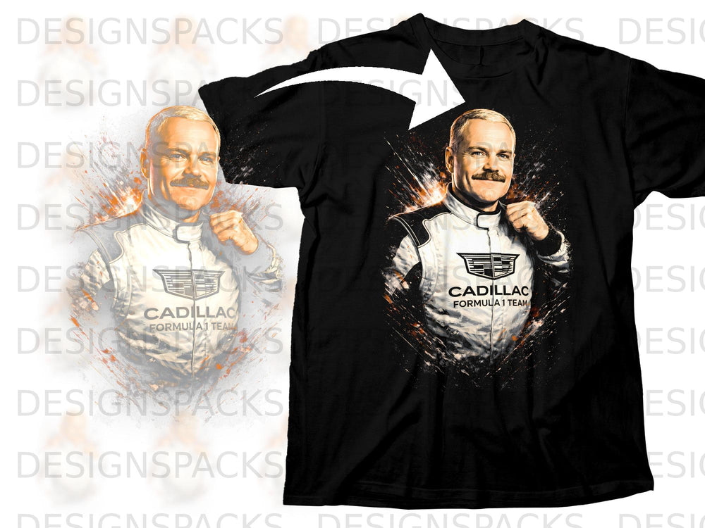 Black t-shirt featuring a portrait of a man in a racing suit with the Cadillac Formula 1 Team logo.
