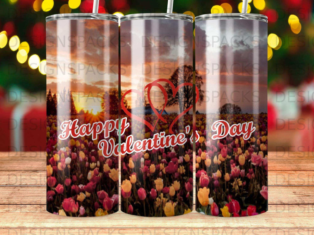 Tumbler with "Happy Valentine's Day" text over a field of tulips.