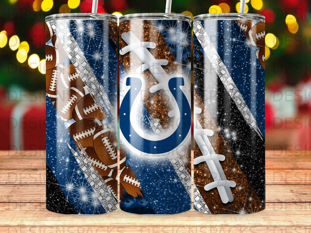 Indianapolis Colts logo and football pattern on three tumblers.