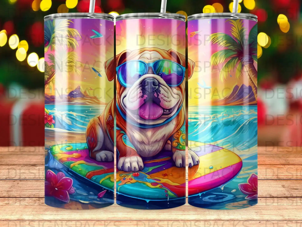 Bulldog wearing sunglasses on a surfboard with tropical beach background.