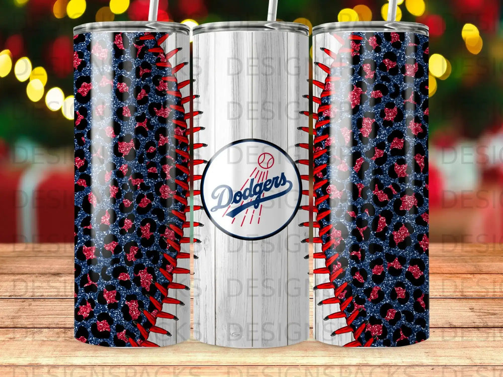 Dodgers tumbler with baseball stitching and leopard print design.