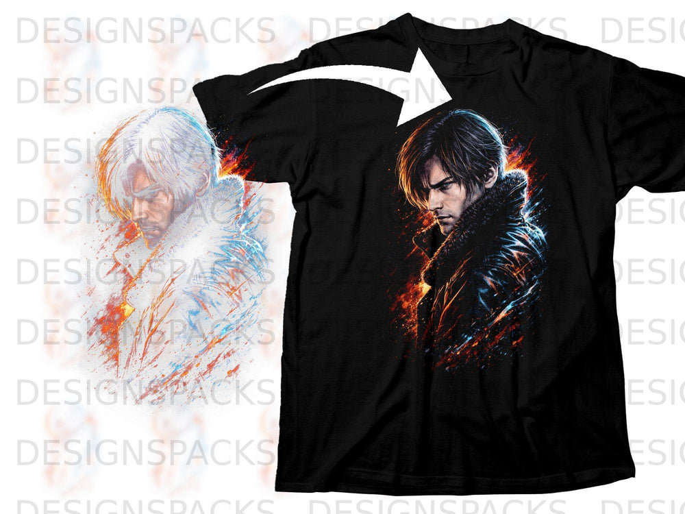 Black t-shirt with anime style illustration of a man with a fur collar.