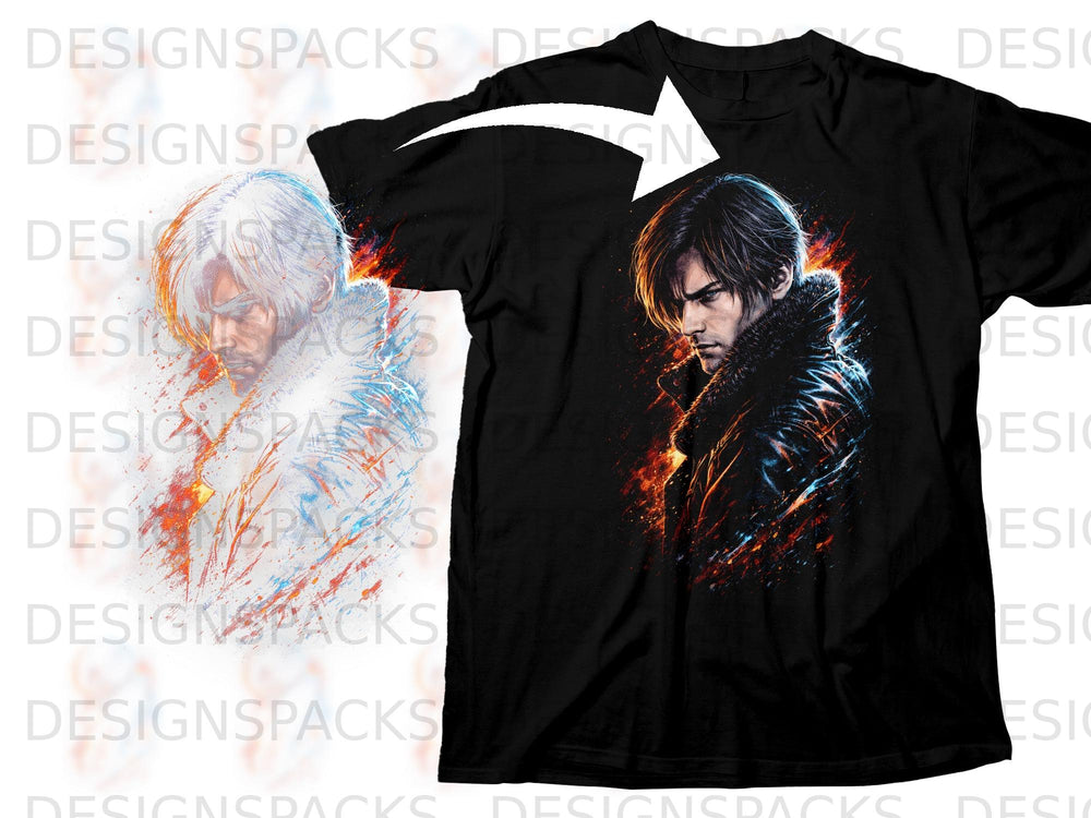 Black t-shirt with anime style illustration of a man with a fur collar.