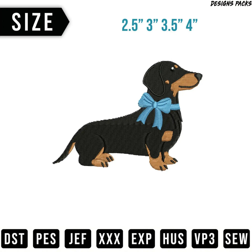 Dachshund embroidery design with bow, sizes 2.5" to 4".
