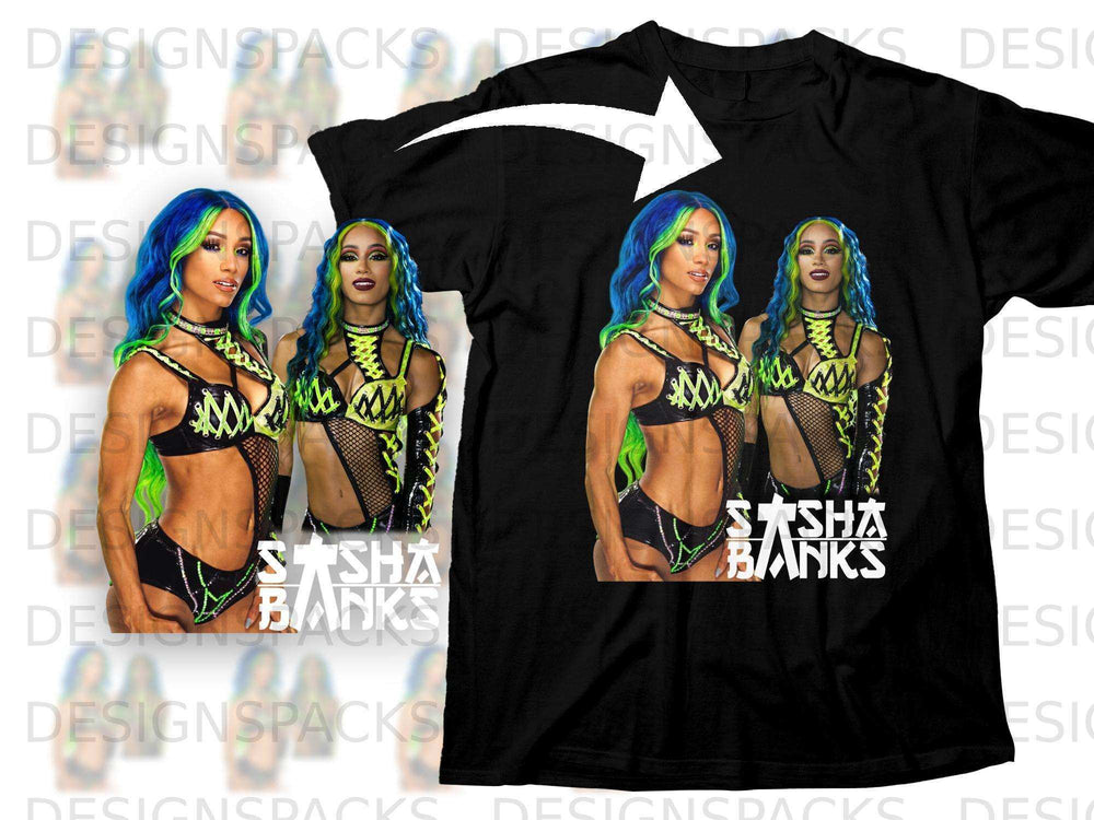 Black t-shirt with Sasha Banks graphic, two versions of the wrestler shown.