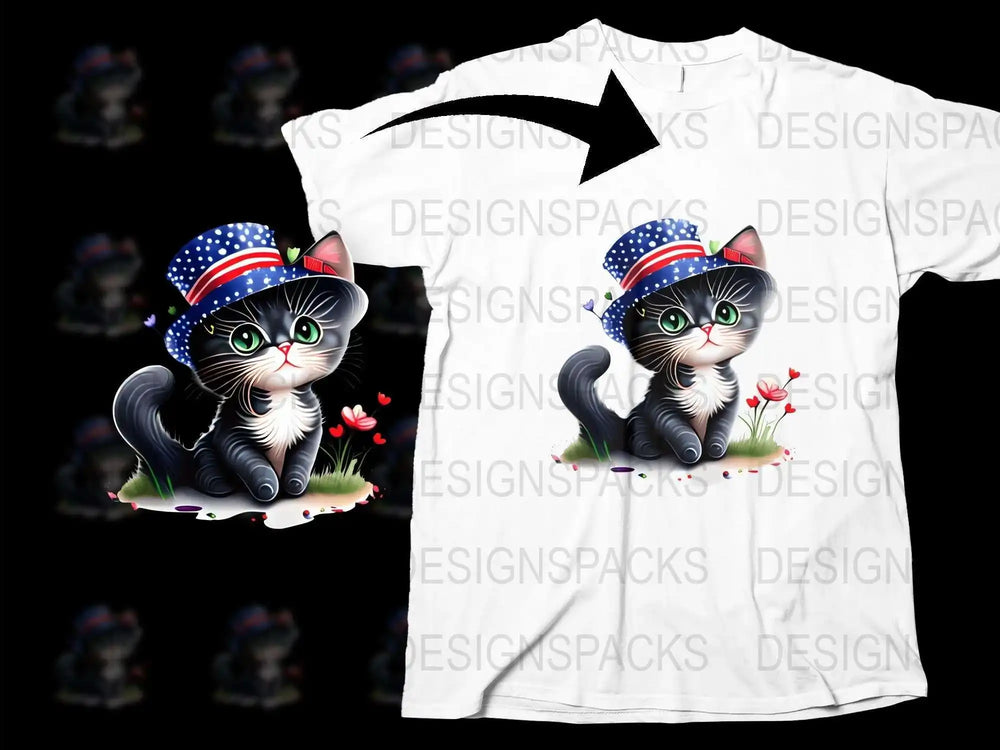 Patriotic Cat T-Shirt, Cute Kitten with American Flag Hat, Floral Graphics, Casual Summer Fashion for Cat Lovers