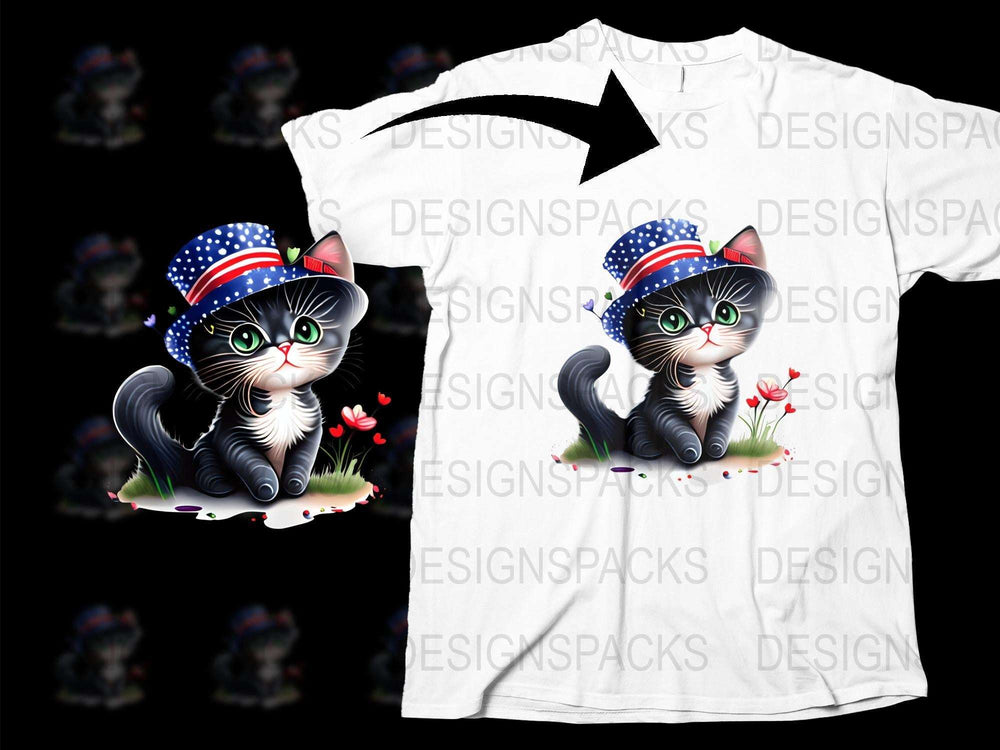 Patriotic Cat T-Shirt, Cute Kitten with American Flag Hat, Floral Graphics, Casual Summer Fashion for Cat Lovers