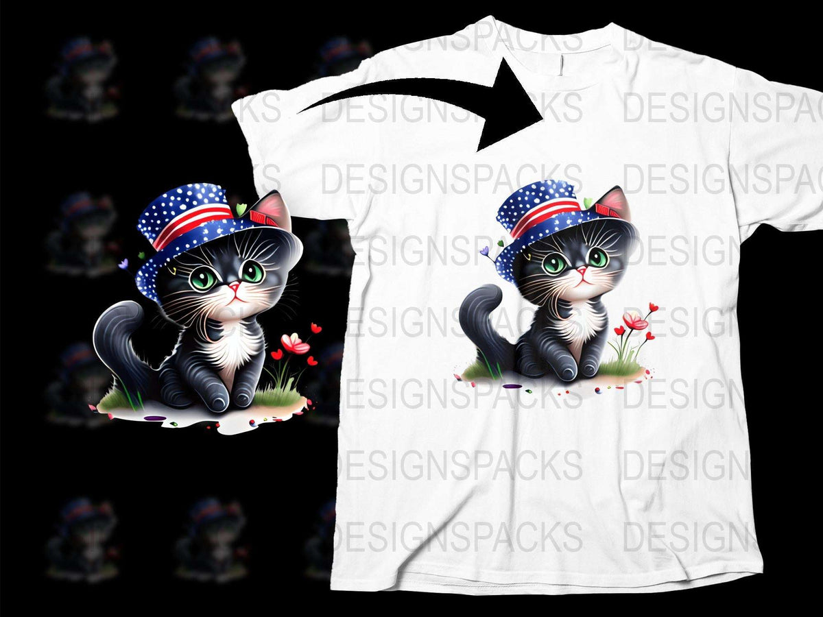 Patriotic Cat T-Shirt, Cute Kitten with American Flag Hat, Floral Graphics, Casual Summer Fashion for Cat Lovers
