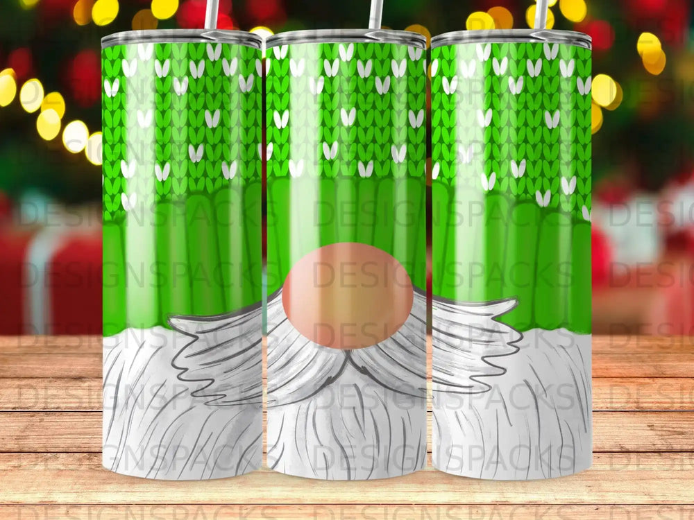 Green knit pattern tumbler featuring a gnome's beard and hat.