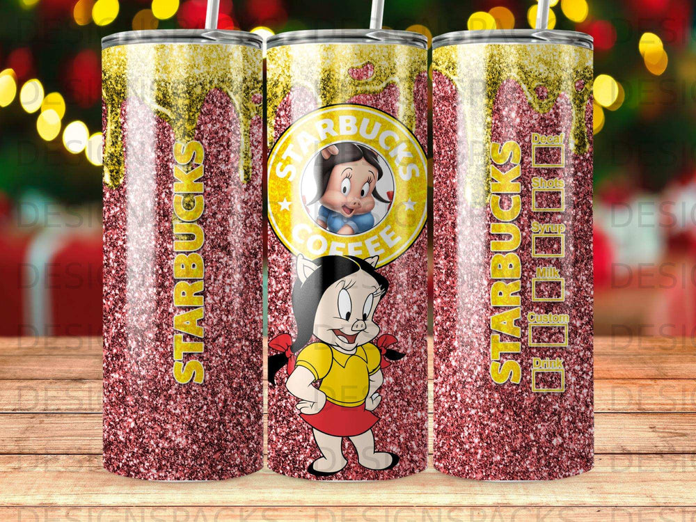 Starbucks tumbler with Petunia Pig character and red glitter design.