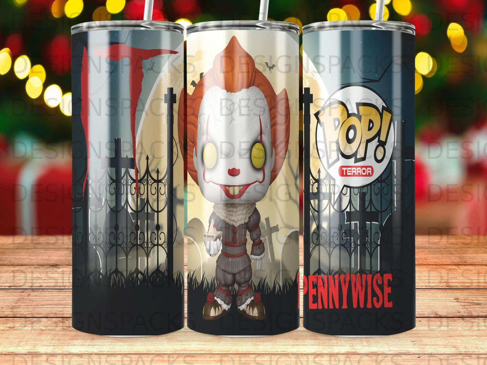 Funko Pop Pennywise tumbler with a spooky background.