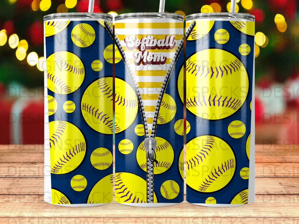 Softball Mom tumbler with baseball stitches pattern and yellow zipper detail.
