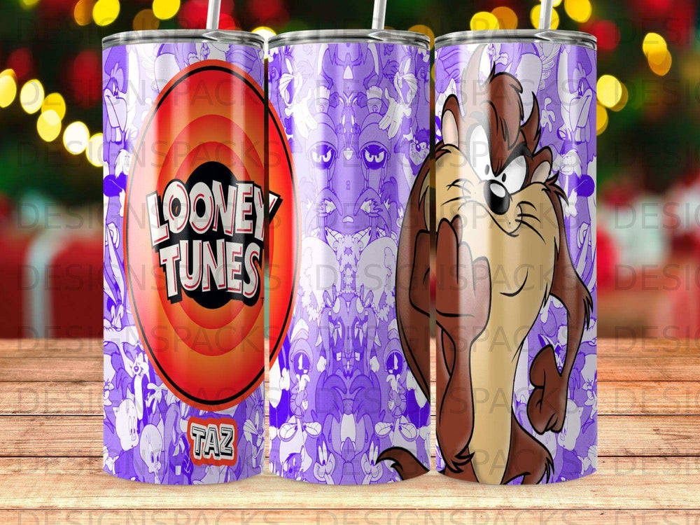 Looney Tunes TAZ character and logo on a purple patterned tumbler.