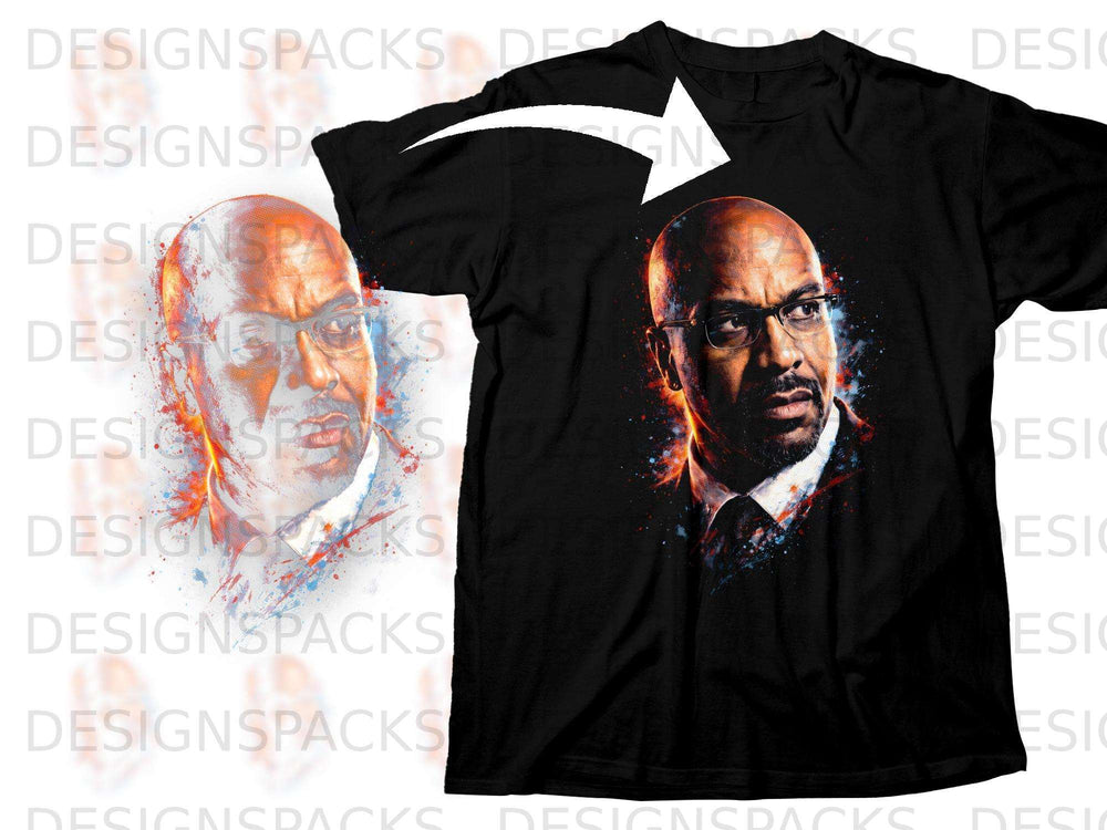 Black t-shirt with a watercolor portrait of a man wearing glasses.