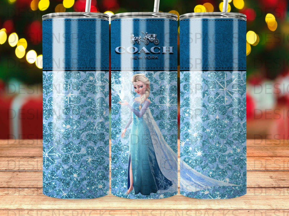 Coach New York Elsa tumbler with glittery blue background.