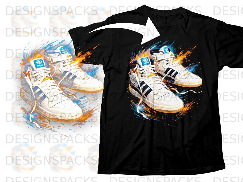 Black t-shirt featuring a graphic of white Adidas sneakers with blue and orange splashes.