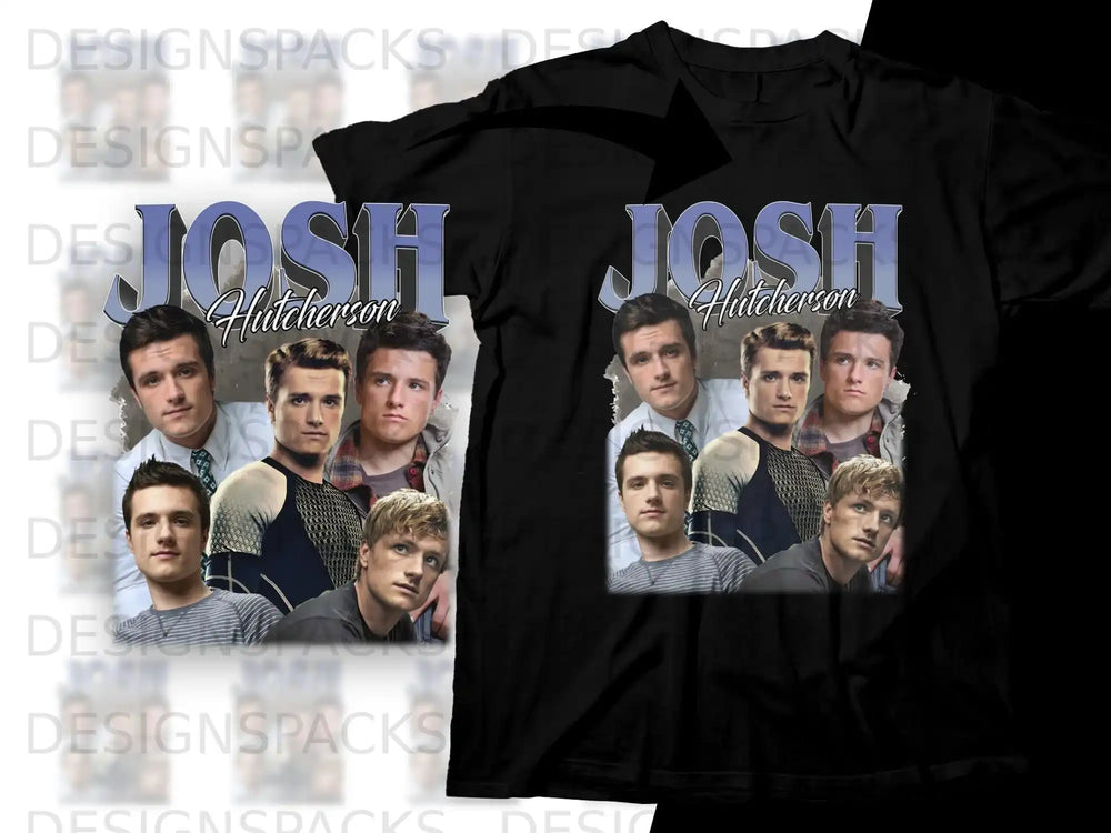Josh Hutcherson collage print on black t-shirt.